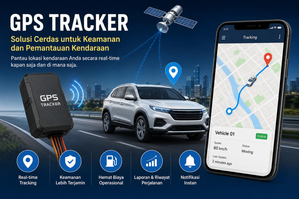 GPS Tracker kendaraan dengan fitur pelacakan real-time melalui smartphone untuk keamanan dan monitoring kendaraan modern.