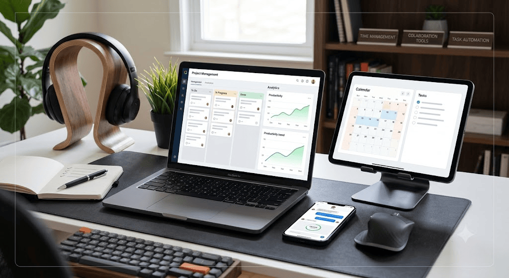 Foto ruang kerja minimalis modern yang menampilkan laptop dengan layar aplikasi manajemen proyek papan Kanban dan grafik produktivitas, berdampingan dengan tablet berisi kalender kerja serta smartphone yang membuka aplikasi pesan tim. Di atas meja putih juga terdapat headphone di stand kayu, buku catatan, keyboard mekanikal, dan mouse ergonomis dengan latar belakang rak buku.