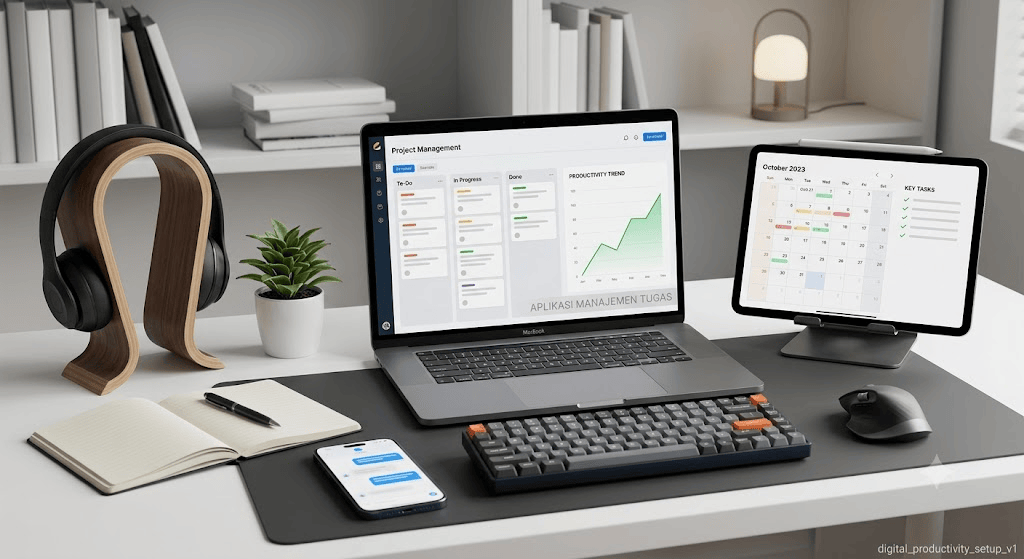 Foto ruang kerja minimalis dengan sudut pandang widescreen menampilkan laptop dengan layar aplikasi manajemen tugas berbasis papan Kanban dan grafik produktivitas hijau, bersanding dengan tablet berisi kalender kerja "October 2023" dan daftar tugas. Di atas meja putih beralaskan desk mat hitam juga terdapat smartphone, keyboard mekanikal abu-abu jingga, mouse ergonomis, buku catatan terbuka, headphone di stand kayu, serta latar belakang rak buku putih.