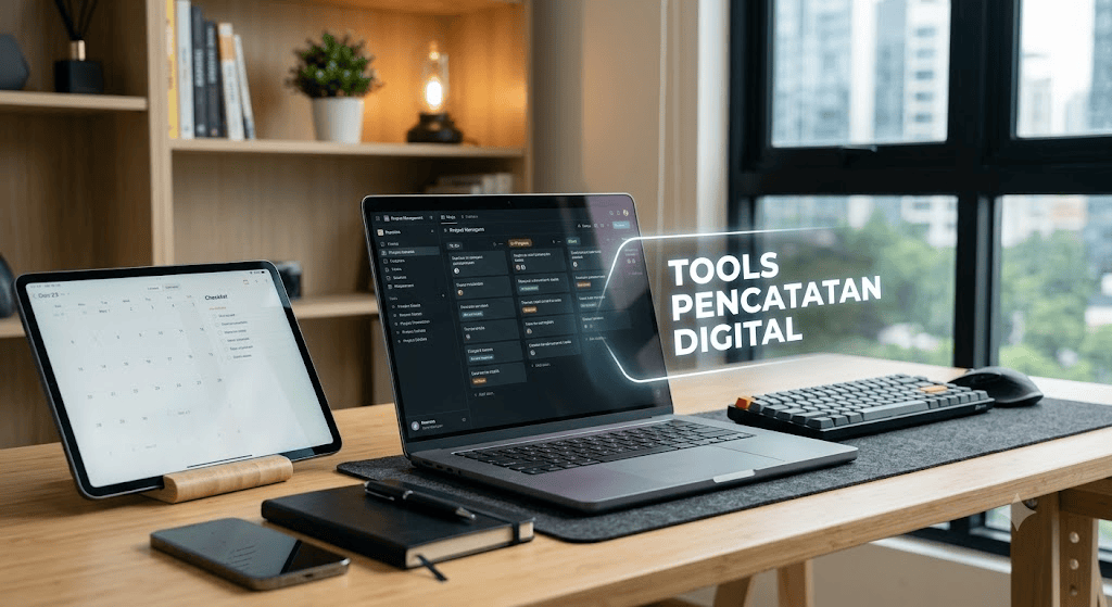 Foto ruang kerja produktif menampilkan sebuah laptop terbuka dengan aplikasi manajemen basis data modular gelap dan teks grafis transparan "TOOLS PENCATATAN DIGITAL". Di sampingnya terdapat tablet di stand kayu yang membuka kalender kerja, smartphone, buku catatan hitam dengan pena, serta keyboard mekanikal di atas meja kayu estetik berlatar jendela kota.