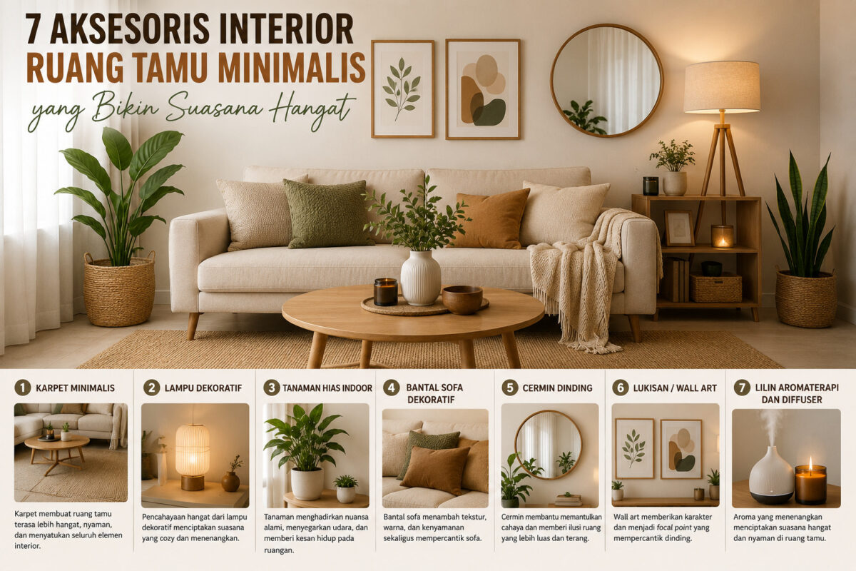 Ruang tamu minimalis modern dengan aksesoris interior ruang tamu berupa karpet, lampu dekoratif, tanaman hias, bantal sofa, cermin dinding, wall art, dan diffuser aromaterapi.
