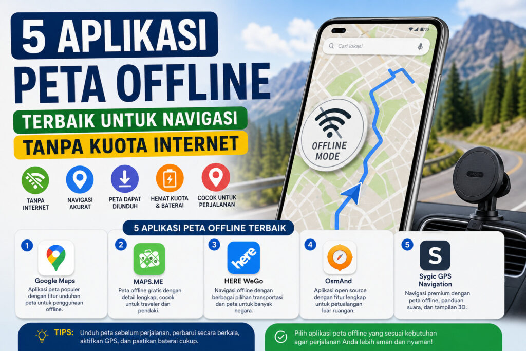 Infografik 5 Aplikasi Peta Offline Terbaik untuk Navigasi Tanpa Kuota Internet yang menampilkan smartphone dengan peta digital offline, ikon GPS, serta rekomendasi Google Maps Offline, MAPS.ME, HERE WeGo, OsmAnd, dan Sygic GPS Navigation lengkap dengan fitur navigasi tanpa internet, peta yang dapat diunduh, dan tips perjalanan yang aman.