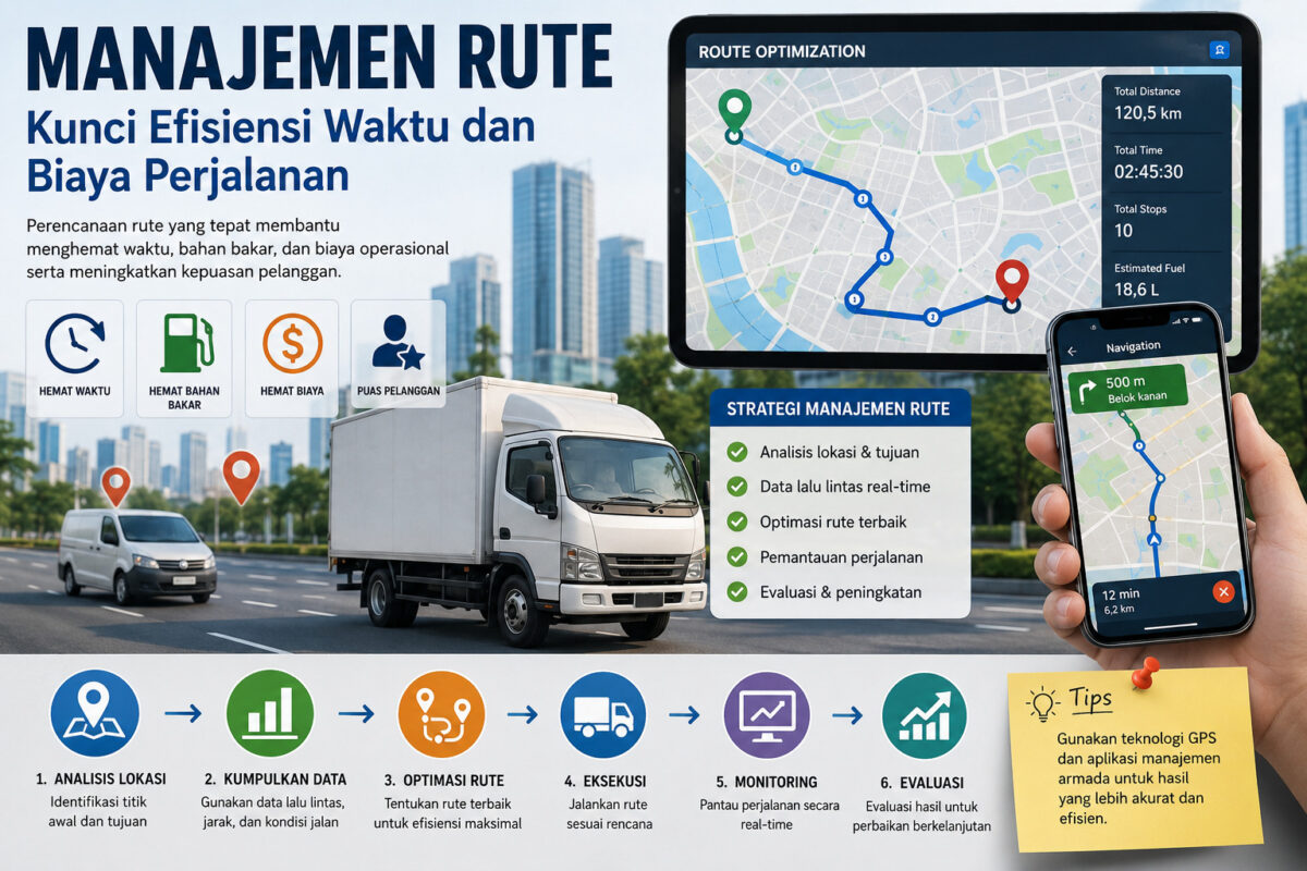 Infografis manajemen rute yang menampilkan truk distribusi, kendaraan operasional, peta digital dengan jalur navigasi, aplikasi GPS di smartphone, serta tahapan analisis lokasi, optimasi rute, monitoring, dan evaluasi perjalanan.