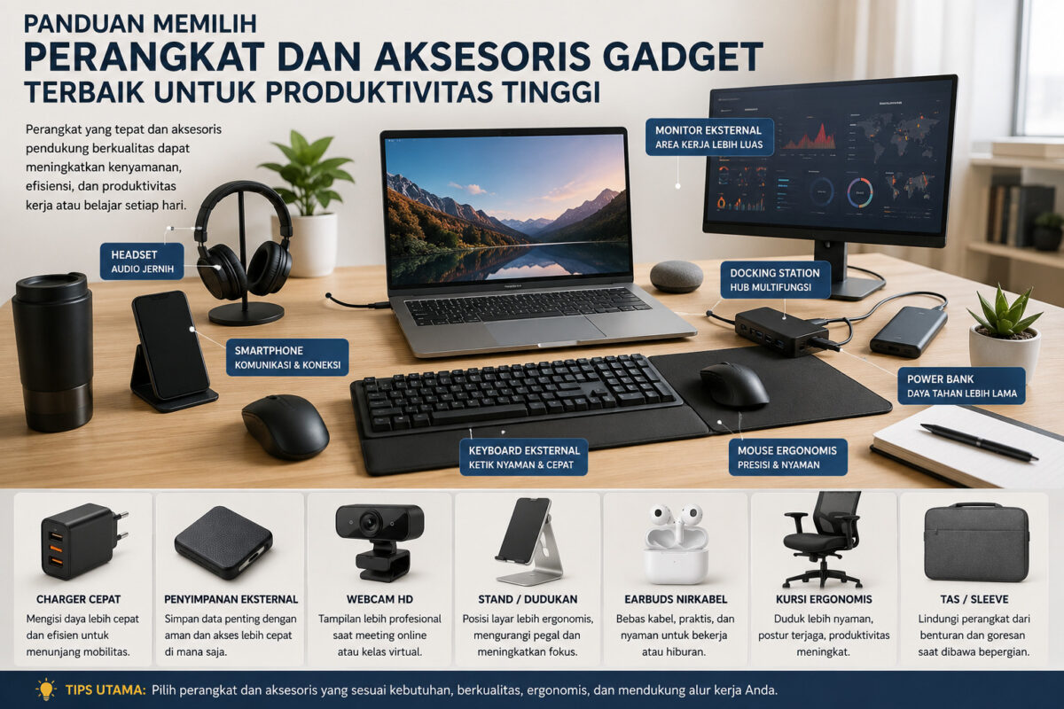 Ruang kerja modern dengan perangkat dan aksesoris gadget seperti laptop, monitor, keyboard ergonomis, mouse, headset, docking station, dan power bank untuk meningkatkan produktivitas.