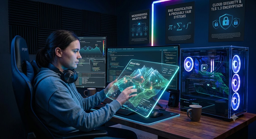 Sebuah foto horizontal yang diambil dari sudut sedang menampilkan seorang spesialis data perempuan di stasiun kerja berteknologi tinggi di malam hari. Dia duduk di kursi ergonomis, mengenakan hoodie dan headphone di lehernya, fokus penuh pada tablet digital transparan yang menyala di tangannya, yang menampilkan peta digital 3D medan pegunungan yang kompleks dengan data geografis dan grafik analisis real-time. Di latar belakang, beberapa monitor komputer menampilkan kode dan analisis big data yang rumit. Dinding dihiasi dengan poster teknologi informatif yang menyala tentang arsitektur mikroservis, keamanan cloud, dan verifikasi RNG dengan simbol matematika, di antara panel akustik gelap. Di sebelah kanannya, sebuah PC kustom yang mengesankan dengan casing kaca transparan dan komponen internal yang menyala dengan LED biru terang, termasuk kipas dan kartu grafis GeForce RTX, memancarkan cahaya biru futuristik yang sejuk. Sebuah cangkir kopi dan mouse terletak di meja kayu yang diterangi lampu LED. Cahaya biru dominan di ruangan redup, menciptakan suasana teknologi tinggi dan inovasi.