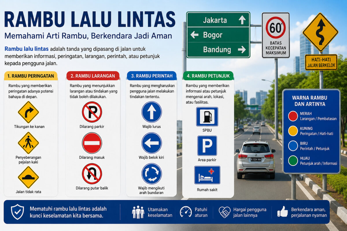 Infografis rambu lalu lintas yang menampilkan contoh rambu peringatan, larangan, perintah, dan petunjuk lengkap dengan arti warna rambu, latar jalan raya modern, serta kendaraan yang mematuhi aturan lalu lintas di Indonesia.