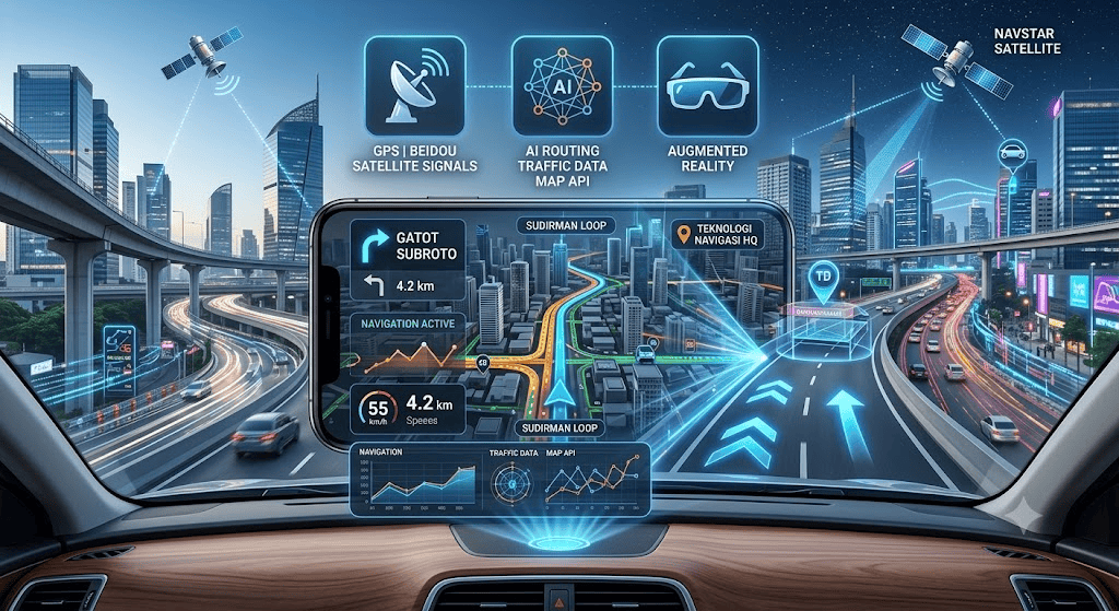 Tampilan navigasi masa depan HUD pada dasbor mobil menampilkan peta 3D real-time terhubung satelit dan kecerdasan buatan AI