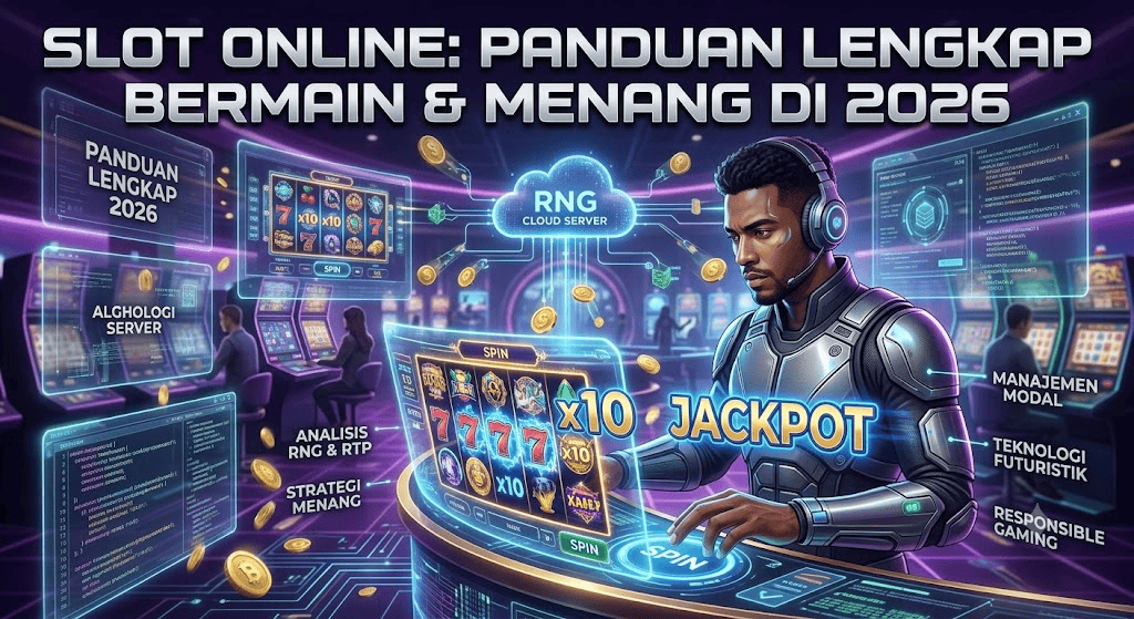 Spanduk panduan slot online 2026 menampilkan seorang pria dengan antarmuka futuristik, analisis RNG cloud server, dan teks kemenangan jackpot